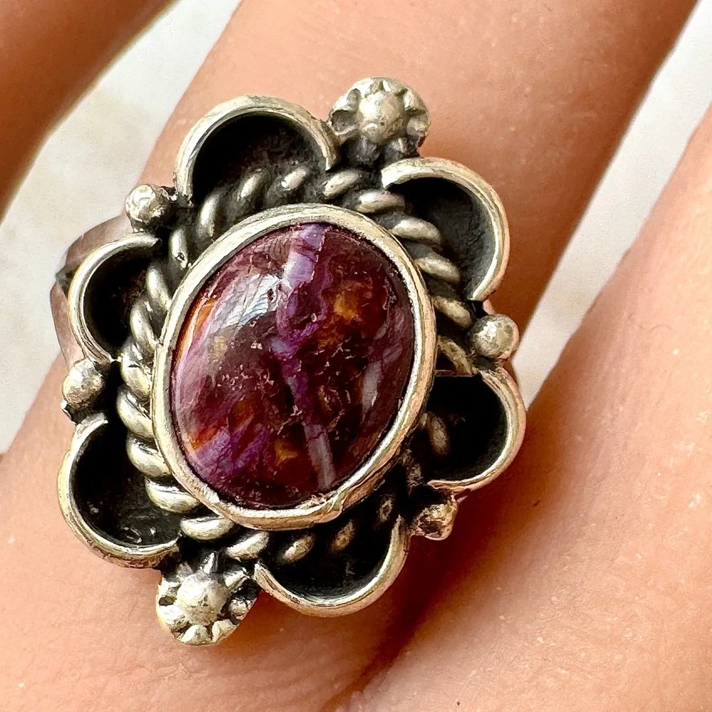 Navajo Flower Ring Purple Spiny Oyster Sz 8 Sterling Silver Native Signed Morgan